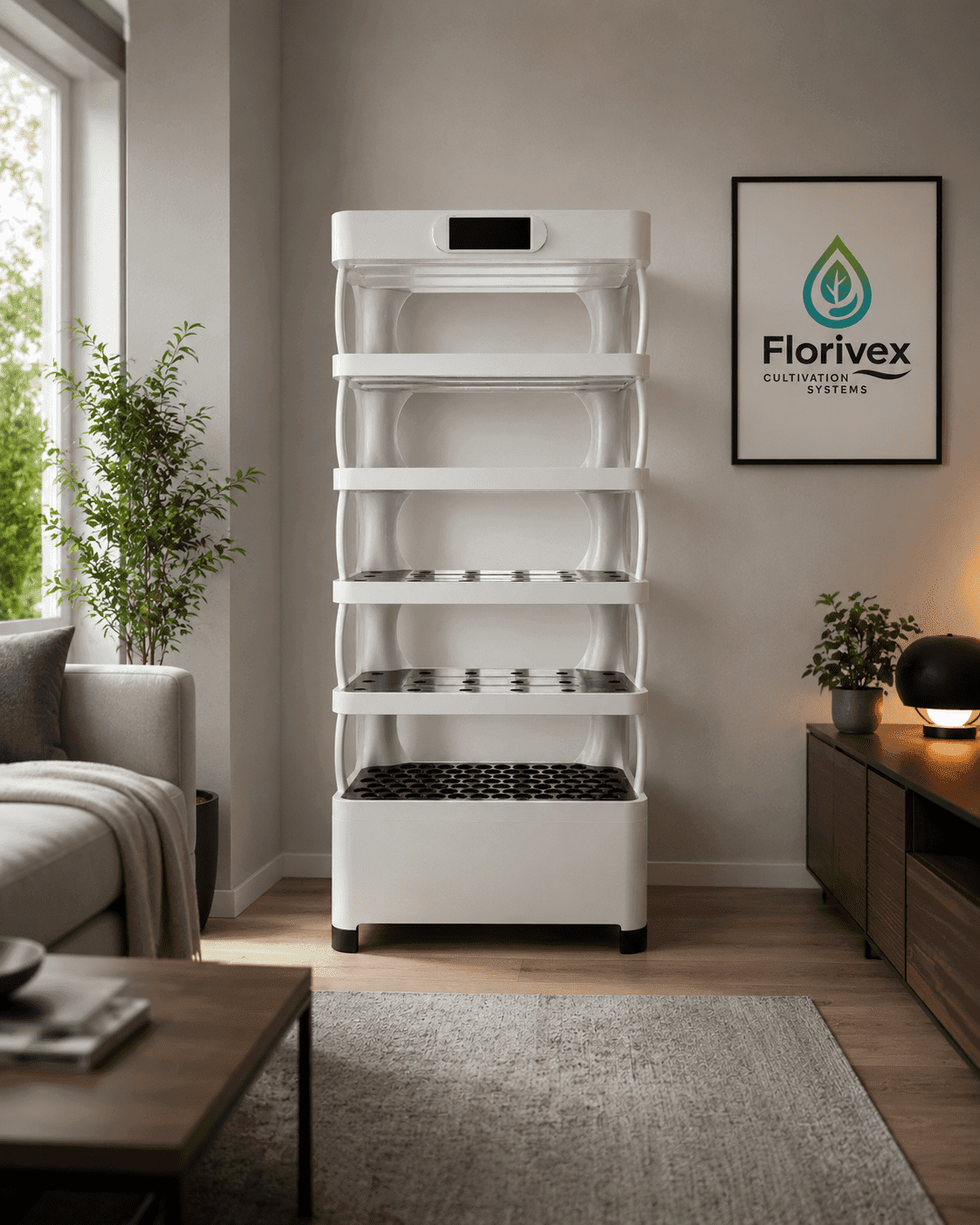 Florivex slimme hydrocultuurkast zonder planten in moderne woonkamer tegen de muur