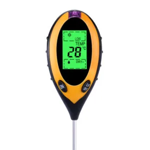 4-in-1 digitale bodemmeter met groen verlicht LCD-scherm en metalen sonde