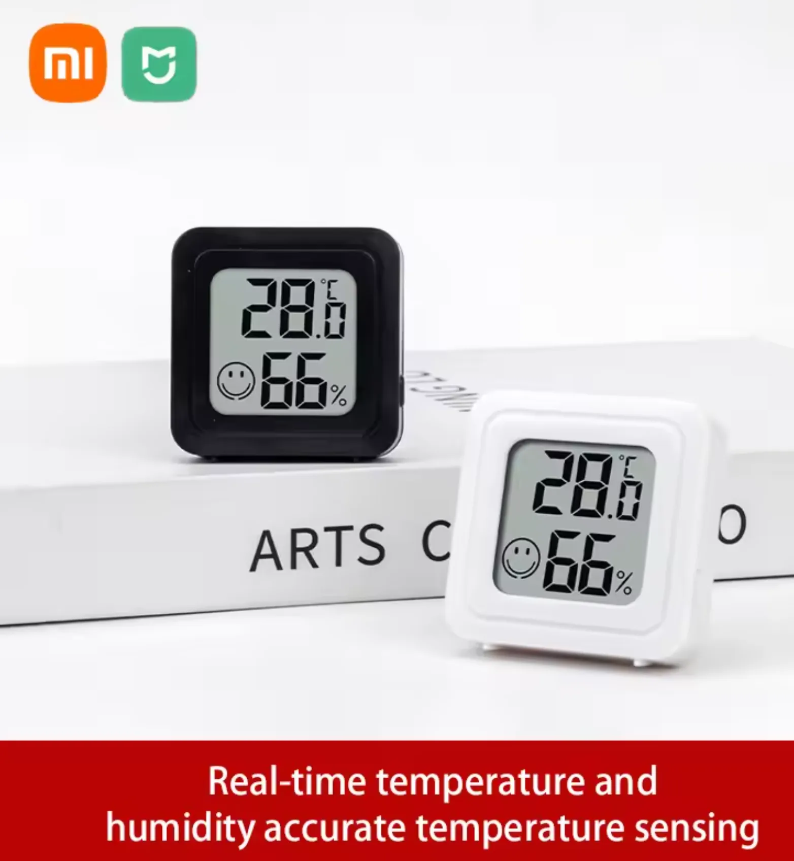 Zwarte en witte Mijia thermo-hygrometer met realtime temperatuur en luchtvochtigheid