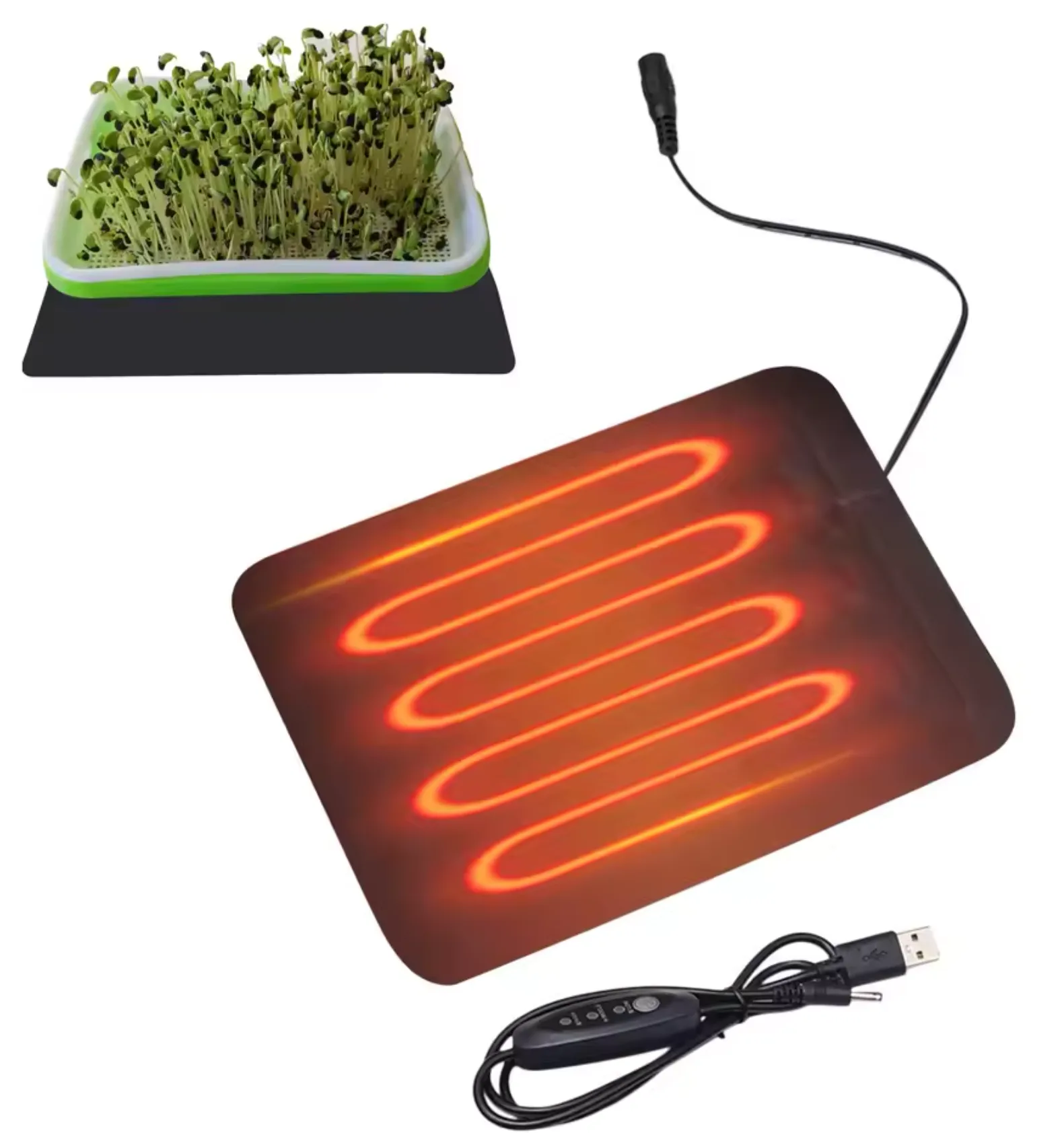 USB-warmtemat met gloeisporen en microgreens-bakje; kabel en in-line schakelaar zichtbaar.