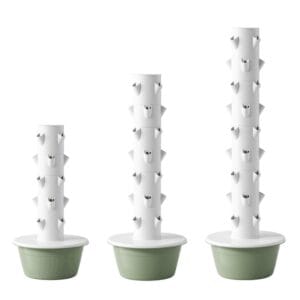 Drie verticale hydrocultuur kweektorens met plantgaten en groen reservoir (wit/groen)