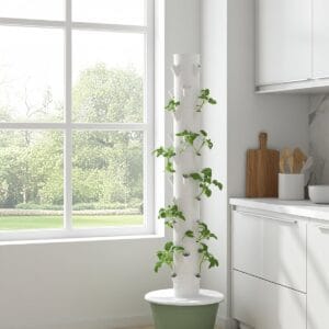 Sfeerfoto van een hydroponische kweektoren in de keuken met klimmende plant