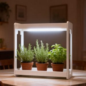 Witte kweeklamp met rek en drie kruidenpotten op tafel binnenshuis