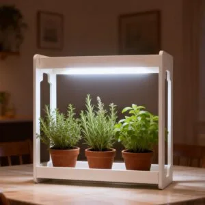 Witte kweeklamp met rek en drie kruidenpotten op tafel binnenshuis