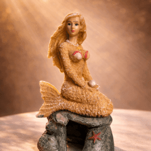 Zeemeermin ornament voor aquarium op rots, zijaanzicht