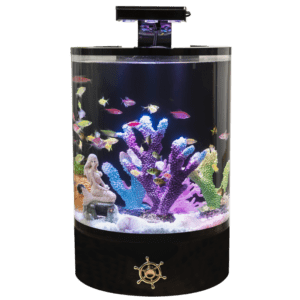 30 liter cilinder aquarium met LED-verlichting en zwarte voet, vrijstaand productbeeld met decoratie (vissen ter illustratie).