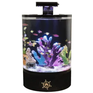 30 liter cilinder aquarium met LED-verlichting en zwarte voet, vrijstaand productbeeld met decoratie (vissen ter illustratie).