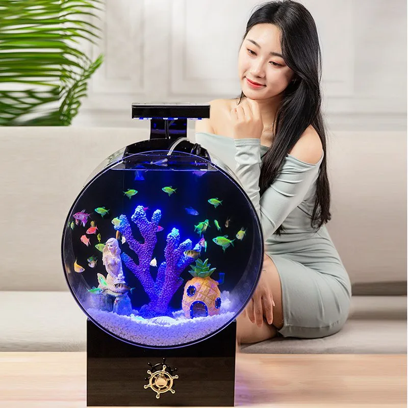 Lifestylefoto van rond aquarium op tafel met blauwe LED-verlichting, met persoon op de achtergrond voor schaal (vissen ter illustratie).