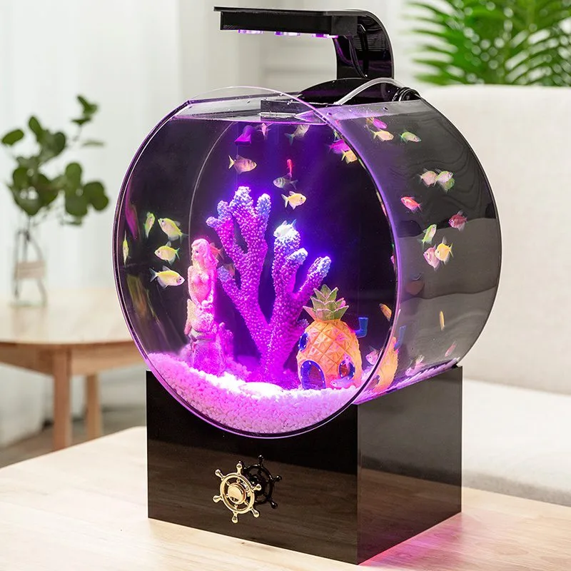 Lifestylefoto van rond aquarium op tafel met paarse LED-verlichting, schuin aanzicht in woonkamer (vissen ter illustratie).