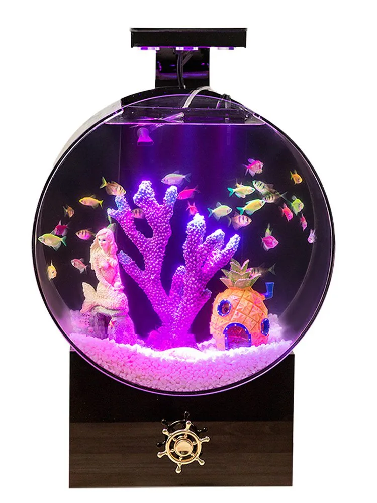 Frontaal productbeeld van een rond aquarium op zwarte basis met paarse LED-verlichting, decoratie en vissen ter illustratie.