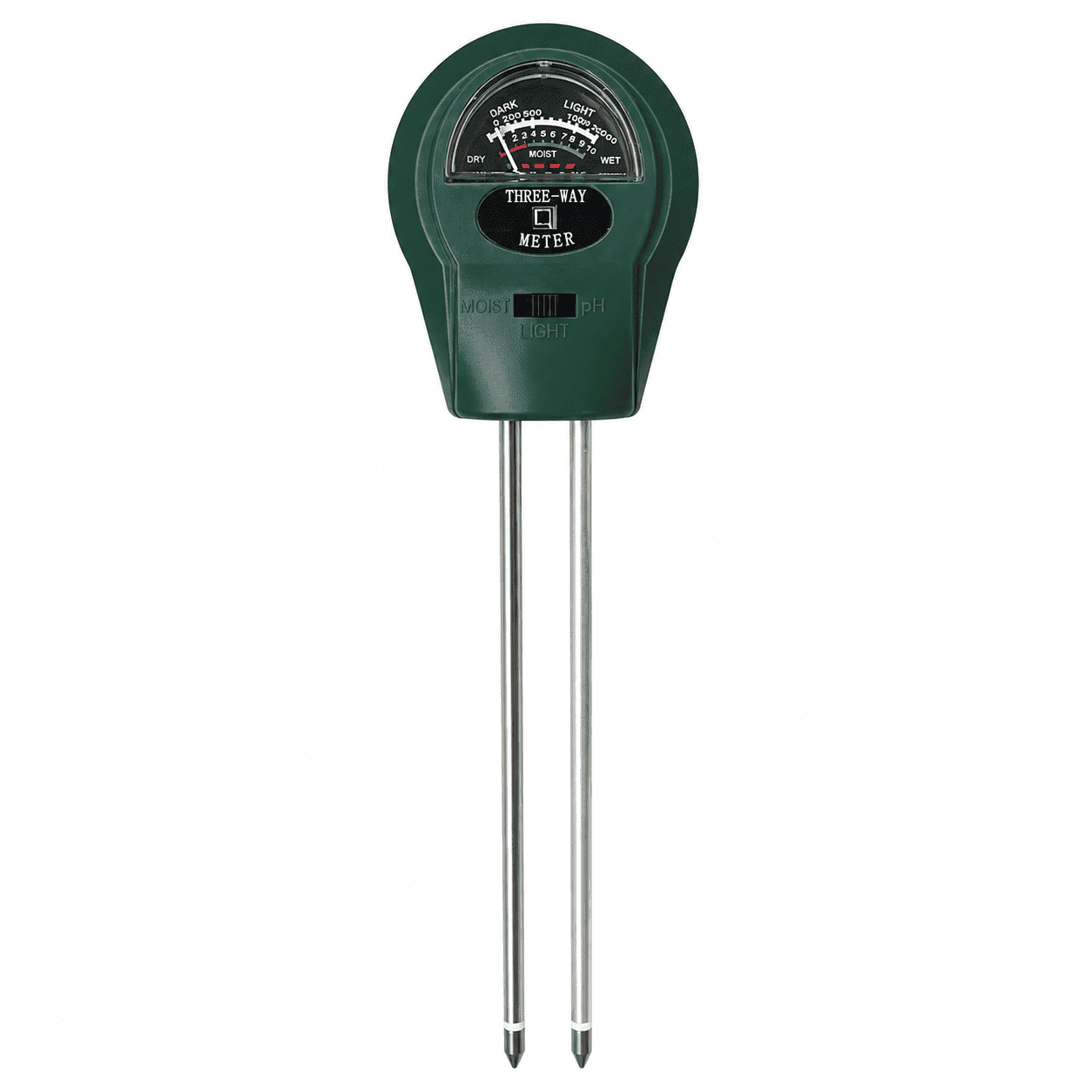Groene 3-in-1 bodemmeter met twee meetpennen voor pH, vocht en licht