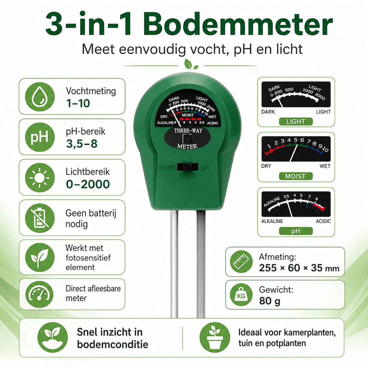 3-in-1 bodemmeter met meetbereiken voor vocht, pH en licht
